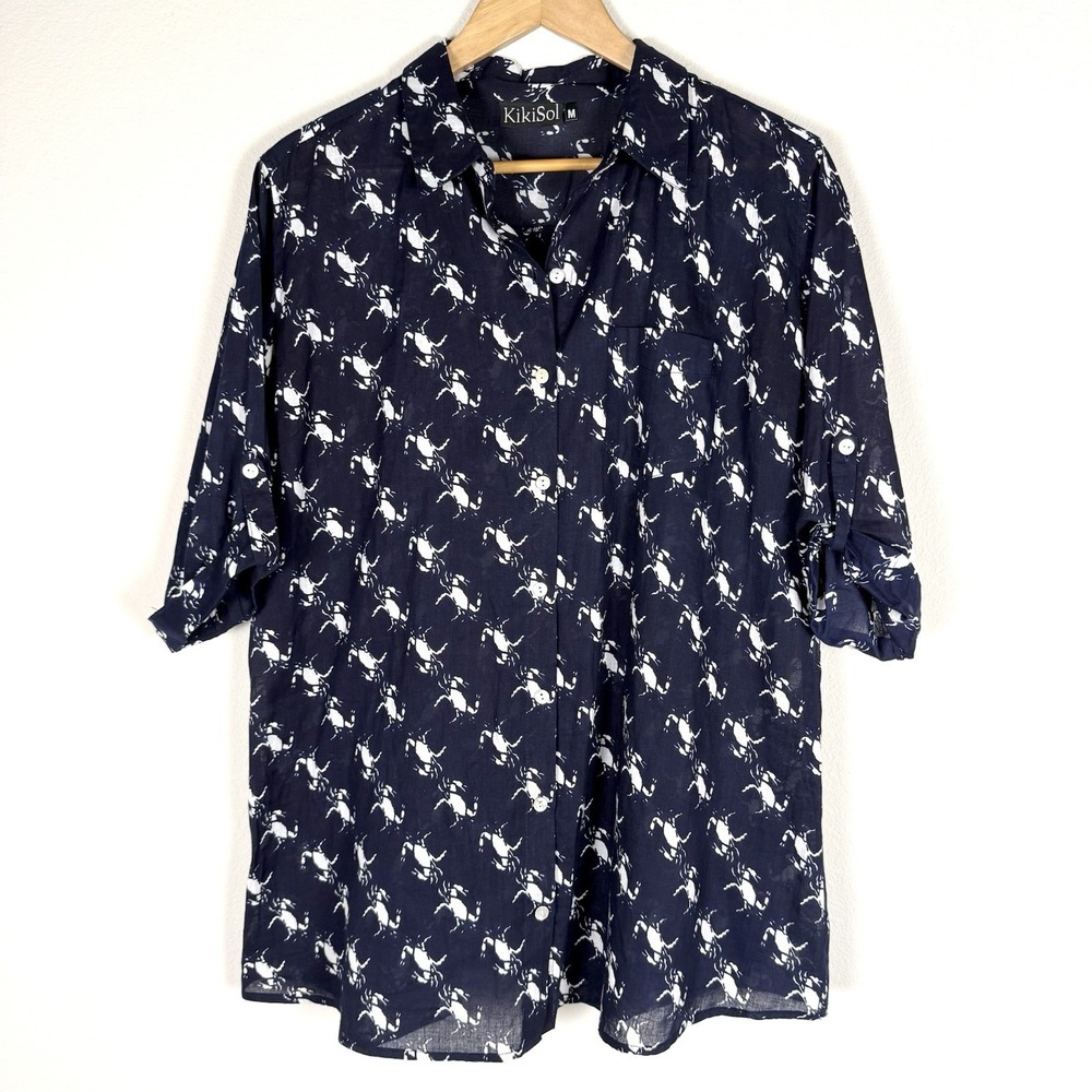 KikiSol Crab Print Coverup Womens Medium Navy Blue White Resortwear Beach Travel
